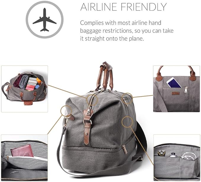 MyMealivos Canvas Weekender Bag, Overnight Travel Carry On Duffel Tote with Shoe Pouch (Grey)