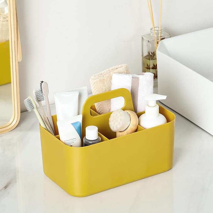 Multiuse Caddy Organizer with Handle, Portable Divided Plastic Tote Bin - Art Craft, Stationary Pen Marker Crayon, Makeup Hair Supplies Storage - Bathroom, Classroom, Dorm, Office, Desk Holder -Yellow