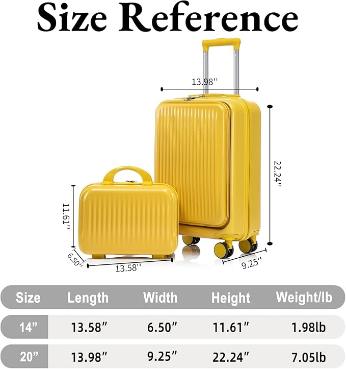 2 Pcs ABS Spinner Luggage Set - 14" Cosmetic Case & 20" Carry-On with Combination Lock, Front Opening Design, Yellow