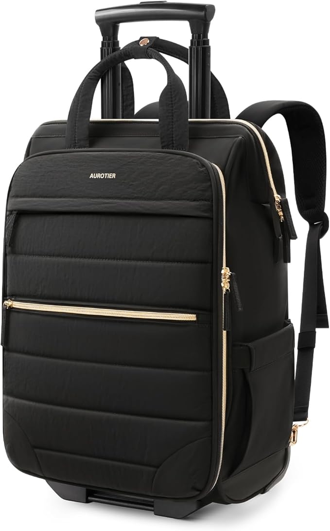 Rolling Puffer Backpack for Women, Travel Backpack with Wheels, 16 Inch Wheeled Laptop Backpck, Dual-Opening Design Overnight College Underseat Carry on Luggage, Roller Business Work Bag, Black