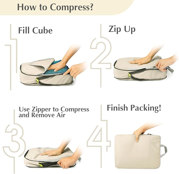 Gonex Compression Packing Cubes, 6pcs Expandable Storage Travel Luggage Bags Organizers with Shoe Bag, Clear Toiletry Bag (Cream)