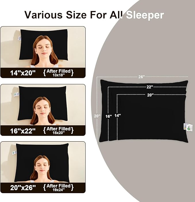 Organic Buckwheat Pillow for Sleeping with Dual-Layer Pillowcase and Extra Tartary Buckwheat Hulls, Adjust Height and Firmness, Neck Support Pillow for Back and Side Sleepers 14"x20", Black