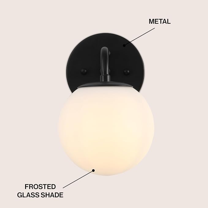 JONATHAN Y Louis Parisian Globe 5.75" Vanity 1-Light, Black | White Frosted Glass Shade, Midcentury Parisian Bistro Style, Metal Wall Lamp, Dimmable, Hardwired, LED Bulb Included