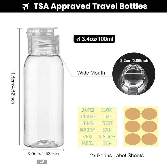 6 Pack 3.4oz Travel Bottles for Toiletries Leak Proof Travel Size Toiletries TSA Approved Squeeze Bottles with Flip Cap Wide Mouth Containers for Shampoo Conditioner Body Wash Lotion(Clear)