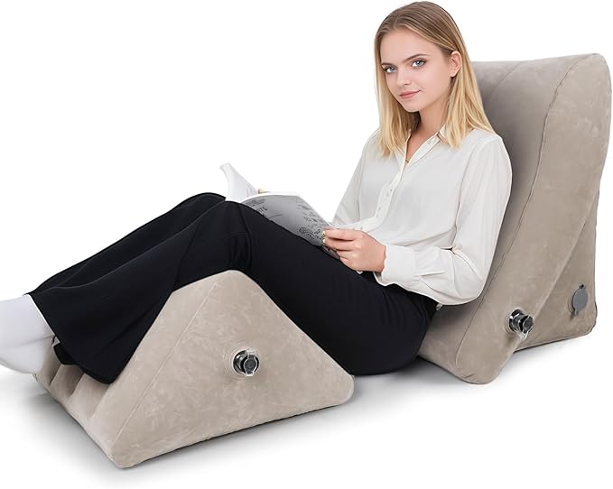 Inflatable Bed Wedge Pillow Set for Sleeping, 2PCS Inflatable Wedge Pillow for Traveling, Adjustable Back Pillow for Bed Sitting up, Reading, After Surgery, Knee & Back Pain, Acid Reflux, GERD, Grey