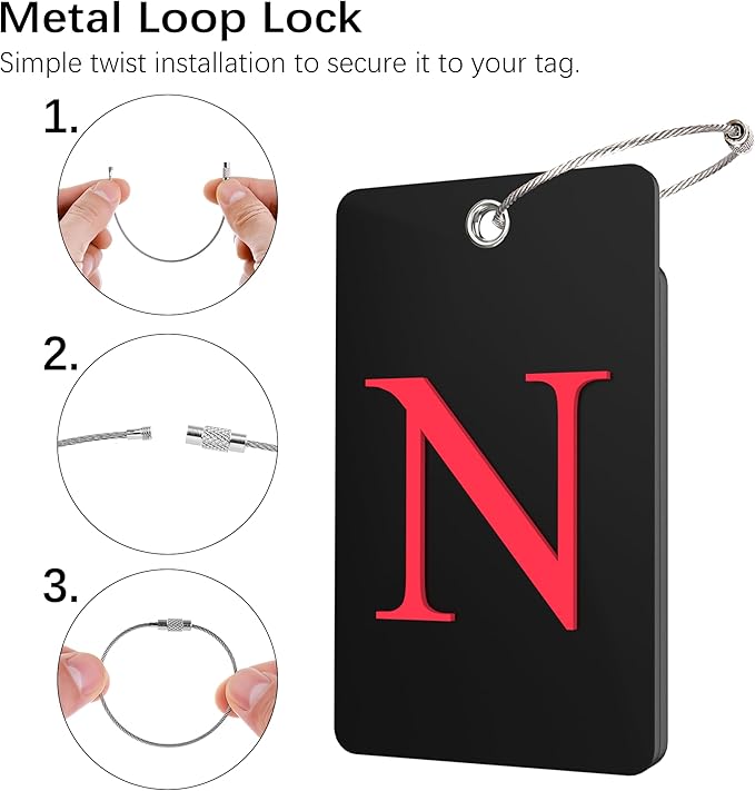 Gostwo 2 Pack Luggage Tags for Suitcases, 26 Initial Letter Travel Luggage Baggage Identification Labels ID Tag Fully Bendable Tags with Stainless Steel Loop (Black) (Letter N)