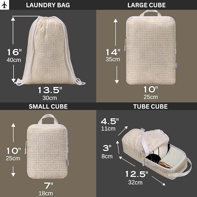 Compression Packing Cubes for Travel 6PC Set - Suitcase Organizer & Space Saver Bags for Carry On Luggage with Drawstring Backpack Beige Boho