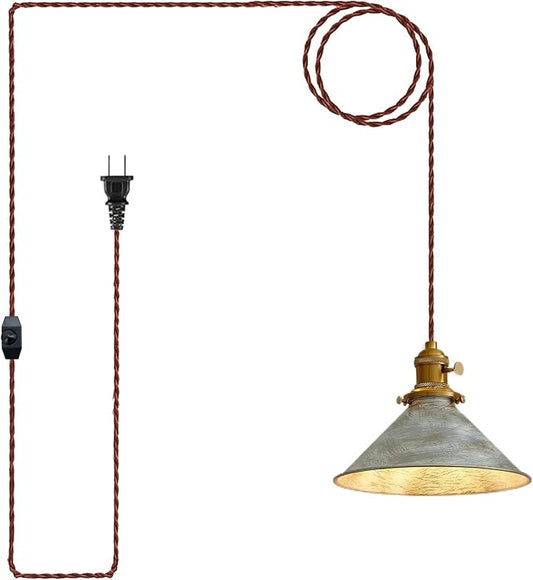 Hanging Lights with Plug in Cord Antique Silver Cage Industrial Pendant Light On/Off Switches Distressed Vintage Metal Finish Hanging Lamp for Farmhouse, Loft & Cafe Lighting