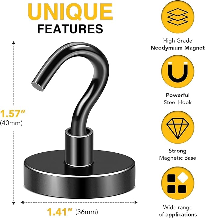 DIYMAG Magnetic Hooks, 170 LB Heavy Duty Strong Magnet with Hook, Rare Earth Neodymium Magnets for Hanging, Magnetics Hanger for Curtain, Home, Kitchen, Workplace, Black20 Packs
