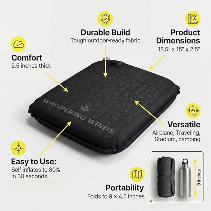 Whispering Winds Inflatable Seat Cushion - Comfortable Blow-up Foam Pad for Airplane, Travel, Stadium, Outdoors, Camping, Car & More