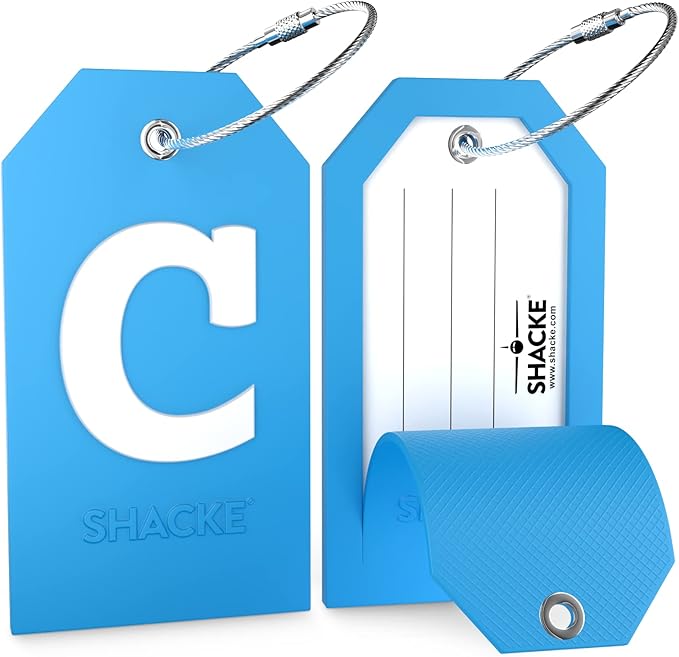 Shacke Initial Luggage Tag with Full Privacy Cover and Stainless Steel Loop (Aqua Teal) (Letter C)