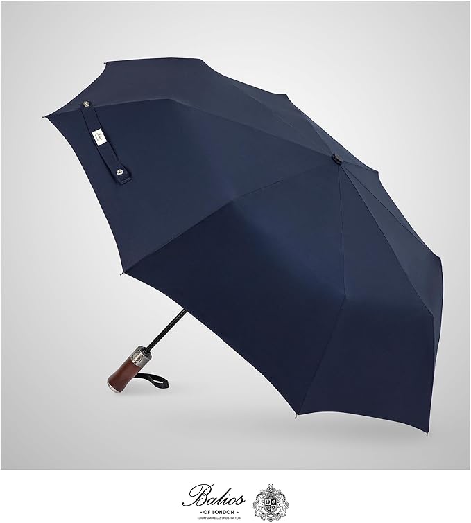 Balios (Designed in UK) Travel Umbrella Luxurious Golden Hardwood Handle Auto Open & Close Windproof Frame Single Canopy Automatic Folding Umbrella Men's & Ladies