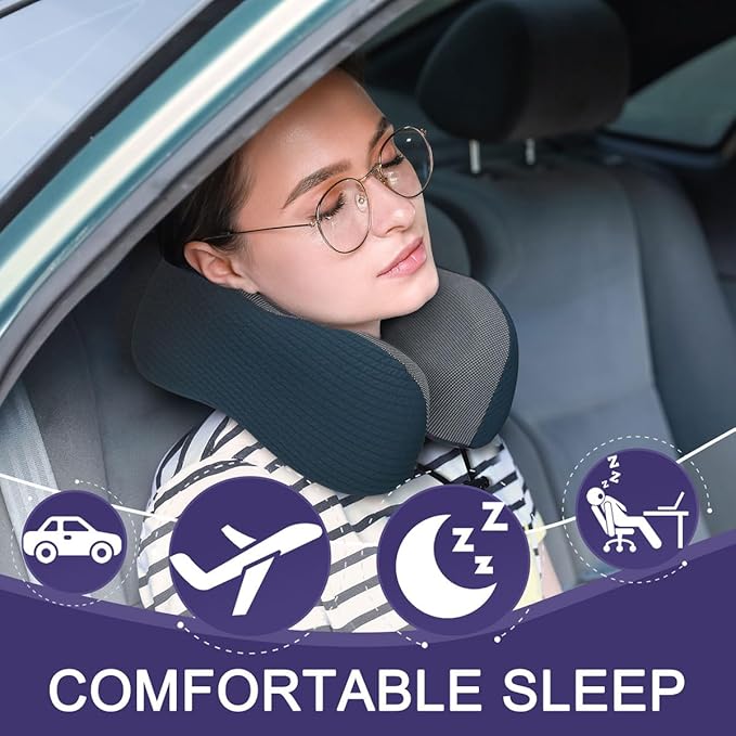 napfun Neck Pillow for Travel with Travel Pouch, Sleep Mask & Earplugs, Memory Foam Airplane Pillow for Headrest Sleep with Eyeshades, Plane Essentials with Eye Blindfold, Deep Blue Striped Kit