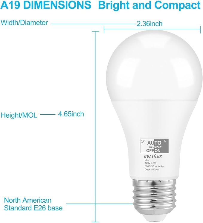 Qualilux Dusk to Dawn A19 LED Light Bulbs Outdoor, 850 Lumen, 60W Equivalent, Daylight Deluxe 6000K, 9.5W, E26 Base, 4-Pack, HQ-H010