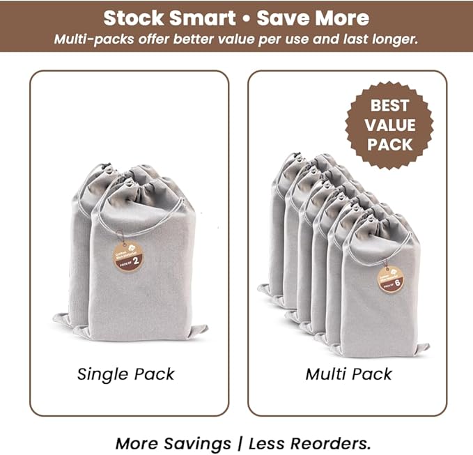 LFH Cotton Rich Shoe Storage Bags with Drawstring, Dustproof Breathable Reusable Organizer, Perfect For Travel, Dorm, Hotel, College, Gym, Easy to Carry, Machine Washable 12"x17" (Pack of 6) - Grey