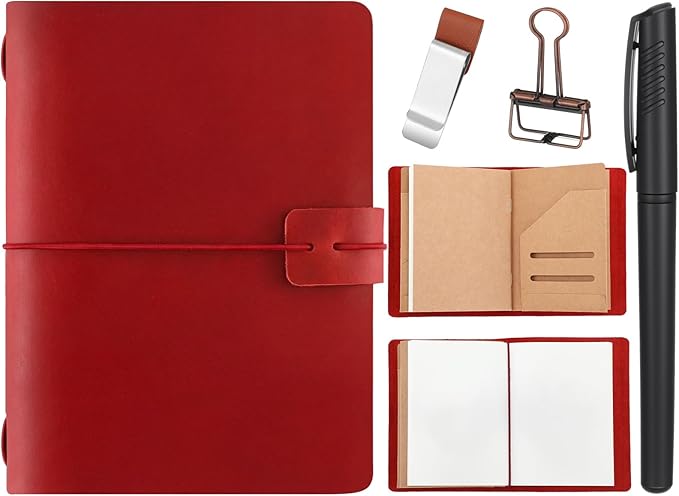 Thenshop Travelers Refillable Leather Journal Notebook Travel Diary Handmade Passport Travelers Journal for Men and Women with 3 Notebook Inserts, Pen Holder, Binder Clip(Wine Red,Passport Size)