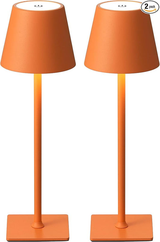 KDG 2 Pack Cordless Orange Table Lamps, Rechargeable Portable LED Desk Lamp | 4000mAh Battery Operated 3 Color Stepless Dimming Up for Restaurant, Bedroom, Outdoor Party, Camping, Coffee Shop, Nightlight