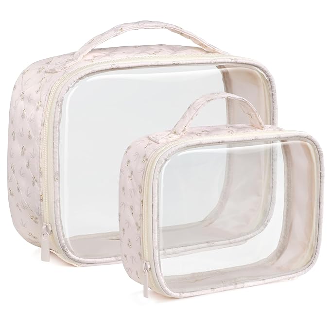 PACKISM Stylish TSA Approved Toiletry Bag Set, Flora, Clear Makeup Bag with Handle, 1 TSA Medium & 1 Large for Travel, Gift for Women, Pink Ditsy Floral