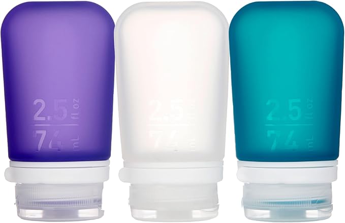 humangear GoToob+ 3-Pack (Medium) | Refillable Silicone Travel Bottle | Locking Lid | Food-Safe Material, Clear/Purple/Teal, Medium (2.5 fl.oz.; 74ml)