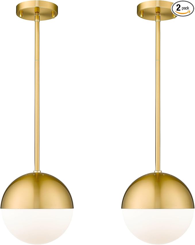 2-Pack Brushed Gold Pendant Lights, Modern Pendant Light with Milky Globe Glass Shade, Adjustable Hanging Lighting Rod for Kitchen Island Dining Room Bedroom, LMS-186BG2PK