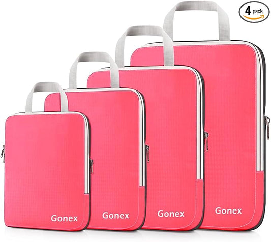 Gonex Compression Packing Cubes, 4pcs Expandable Storage Travel Luggage Bags Organizers (Bright Pink)