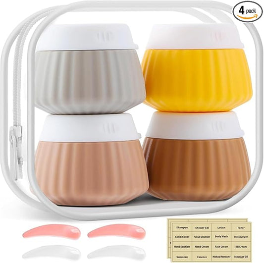 4 Pack Travel Size Silicone Cream Containers, Leak Proof Refillable Toiletry Bottles for Toiletries with 4 Scoops, Labels and Clear Bag, Suitable for Travel Shampoo and Conditioner Bottles (B)