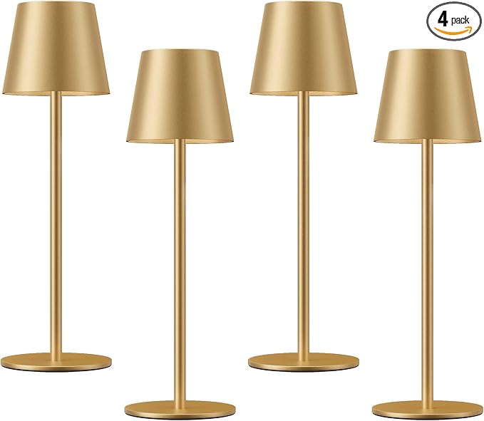 Kakanuo Cordless Table Lamp Rechargeable Gold - 4 Pack Battery Operated Lamp for Dining Table, 3 Color Stepless Dimming Wireless Lamp for Counter, Outdoor Patio, Touch Control