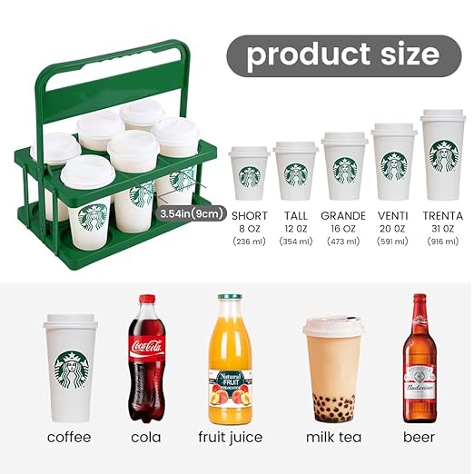 Bodaon 6 Cup Drink Carrier with Handle, Plastic Cup Holders for Take Out Delivery Drivers, Reusable Foldable Car Drink Caddy, Leakproof Food Delivery Accessories, 360° Secure Grip, Green