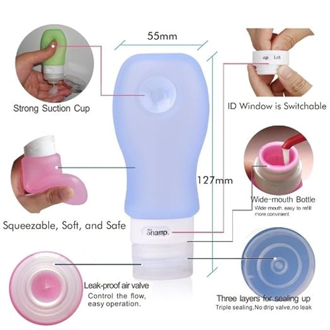 4 Pack Sucker type Portable Food Grade Squeeze Silicone Liquid Travel Bottles TSA Approved For Shampoo, Conditioner, Lotion, Toiletries, Food condiment(1OZ,White+Blue+Green+Pink)