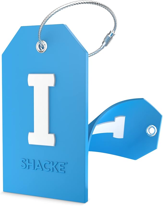 Shacke Initial Luggage Tag with Full Privacy Cover and Stainless Steel Loop - Aqua Teal (Letter I)