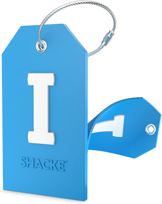 Shacke Initial Luggage Tag with Full Privacy Cover and Stainless Steel Loop - Aqua Teal (Letter I)