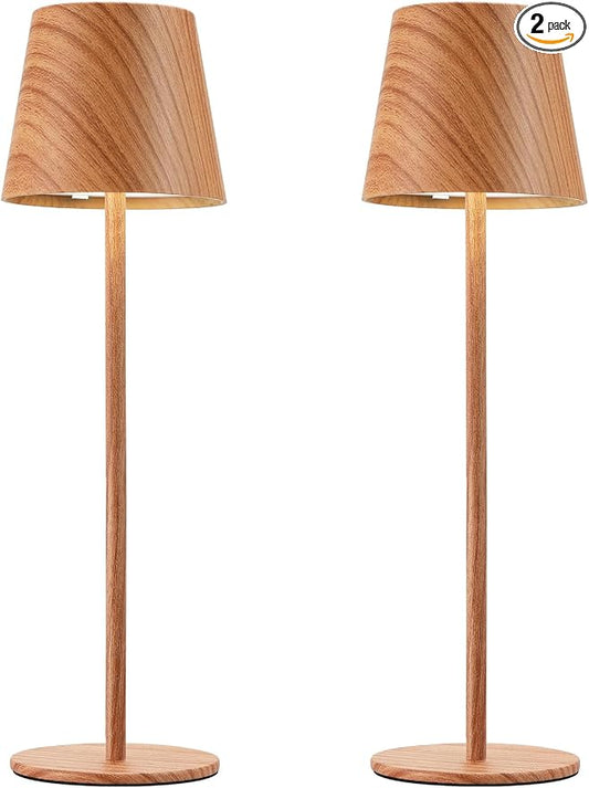 Kakanuo Wood Grain Cordless Table Lamp Rechargeable - 2 Pack 5000mAH Battery Operated Lamp for Counter, 3 Color Stepless Dimming Wireless Lamp for Dining Kitchen, Outdoor Patio, Touch Control