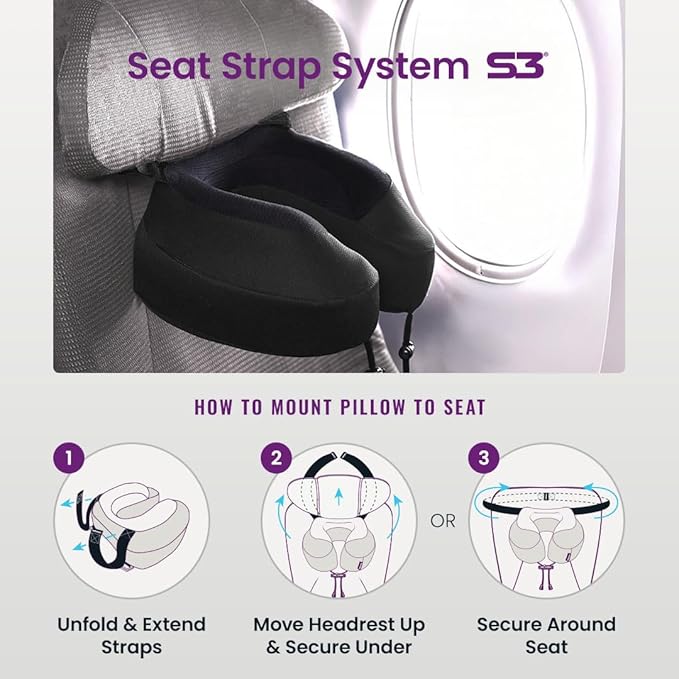 Cabeau Evolution S3 Airplane Travel Pillow for Long Flights - Supportive Memory Foam Body Positioner with Seat Straps to Secure Your Head and Neck and Provides 360 Support (Jet Black)