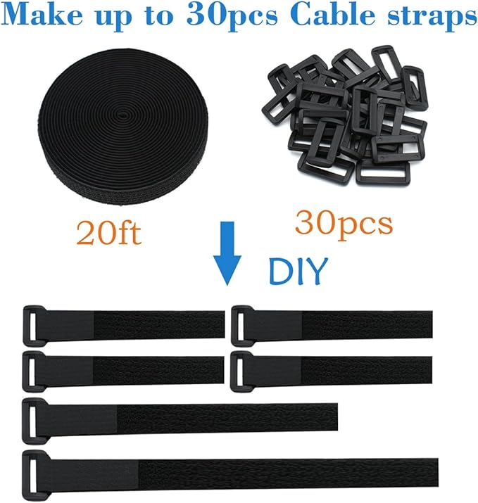 YiwerDer 1"x20FT Hook and Loop Straps, with 30 Plastic Buckles, Adjustable Fastening Cable Straps, Cut-to-Length Cinch Strap, Reusable Nylon Securing Cord Ties for Organizer or Storage - Black