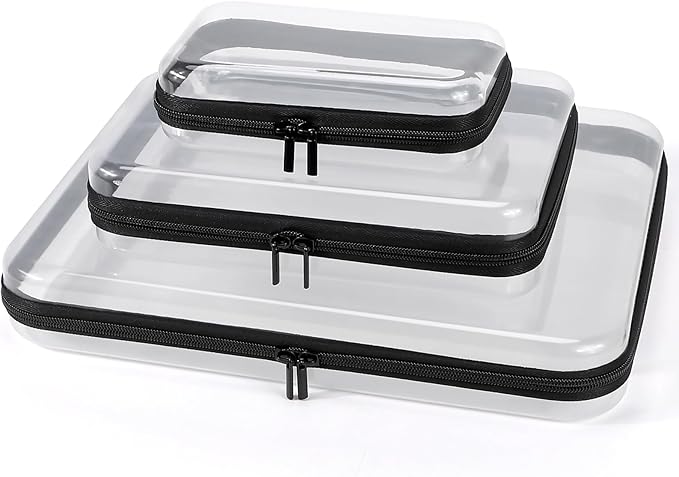 3 Pack Clear Hard Shell Zipper Case, Clear Zipper Pouches Waterproof Makeup Organizer & Travel Toiletry Bag, Plastic Pouch for Travel Office Storage, Black 3 Pack XLLS
