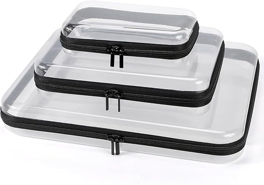 3 Pack Clear Hard Shell Zipper Case, Clear Zipper Pouches Waterproof Makeup Organizer & Travel Toiletry Bag, Plastic Pouch for Travel Office Storage, Black 3 Pack XLLS
