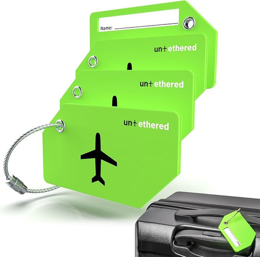 Untethered 4-Pack Luggage Tag Set | Durable Luggage Tags for Suitcases & Travel Bags | Bag Tag & Name ID Identifiers | Suitcase Tags for Easy Luggage Identification