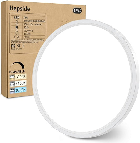 hepside 12Inch Flush Mount Light Fixture White, 28Watt, Dimmable & 3000K-4500K-6000K Flush Ceiling Light Fixture 3200LM Low Profile Ceiling Light for Kitchen Bedroom Hallway Porch