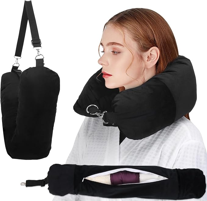 Stuffable Travel Pillow, Stuffable Neck Pillow for Travel, Neck Pillow Stuffed with Clothes Storage - No Extra Baggage Fees, Fits 5+ Days of Travel Essentials, No Filler (Black)