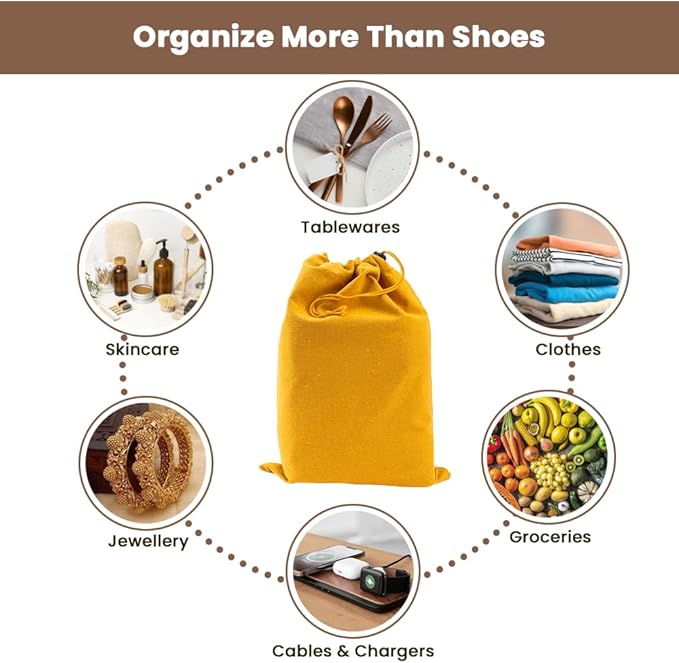 LFH Cotton Rich Shoe Storage Bags with Drawstring, Dustproof Breathable Reusable Organizer, Perfect For Travel, Dorm, Hotel, College, Gym, Easy to Carry, Machine Washable 12"x17" (Pack of 2) - Golden
