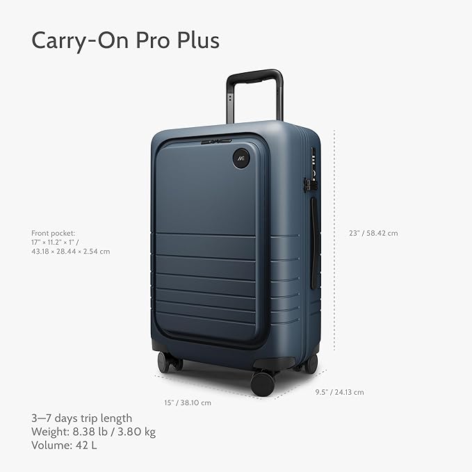 Monos Carry-On Pro Plus Luggage (23"), Hardside Spinner Suitcase with TSA Lock & Front Pocket, Airline Approved, Ocean Blue