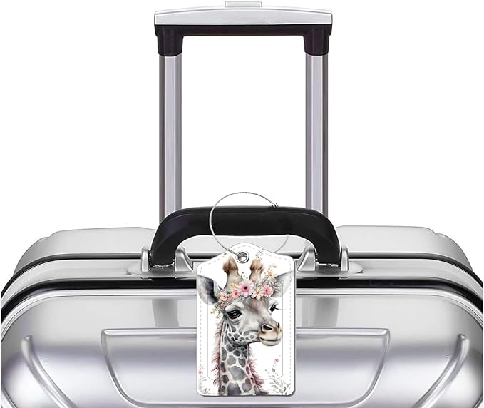 2 Pack Luggage Tag for Suitcase, Cute Unique Leather Bag Tags Identifiers Privacy Cover ID Label with Durable Steel Loop for Women Men Kids Girls Travel，GiraffeE