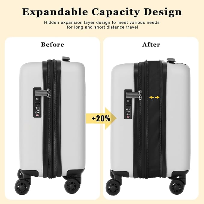 16 Inch Underseat Carry On Luggage Airline Approved, Expandable Lightweight ABS+PC Hard Shell Suitcases with 360° Spinner Wheels, TSA Lock, YKK Zipper, for Business Weekender (White, 1 PC)