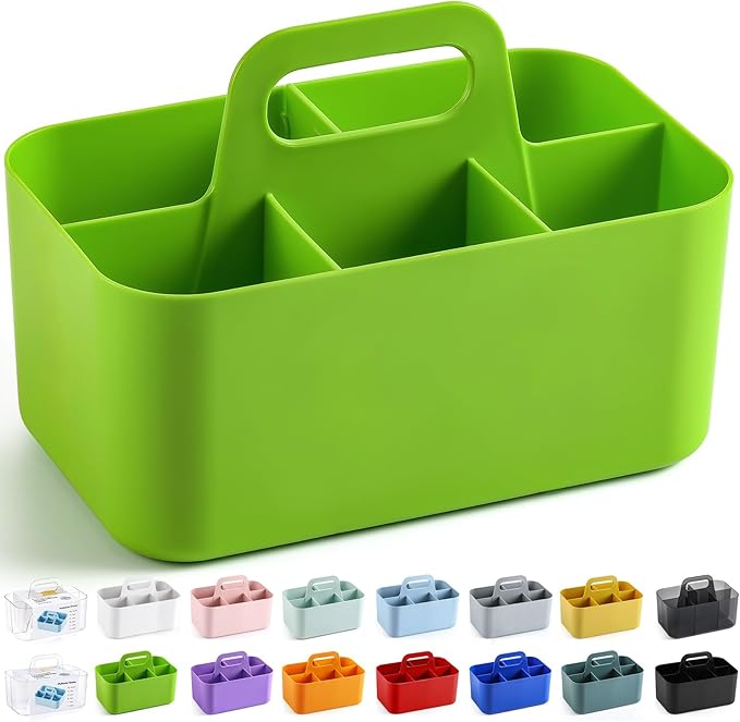 Multiuse Caddy Organizer with Handle, Portable Divided Plastic Tote Bin - Art Craft, Stationary Pen Marker Crayons, Makeup Hair Supplies Storage - Bathroom, Classroom, Dorm, Office, Desk Holder -Green