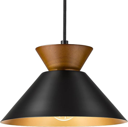 ELYONA Modern Pendant Light Kitchen Island, 10" Solid Wood Hanging Lamp with Matte Black Metal Shade & Gold Inner Finish, Farmhouse Pendant Light Fixtures for Dining Room Bedroom Living Room Hallway