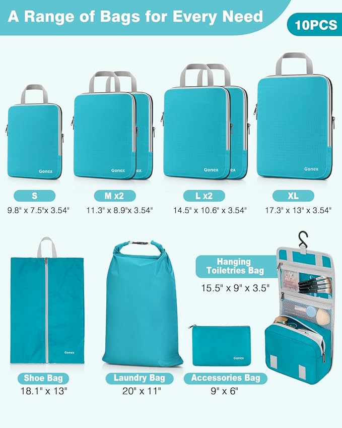 Gonex 10 Set Compression Packing Cubes, Expandable Storage Travel Bags for Suitcase, Luggage Organizers with Hanging Toiletry Bag Laundry Bag Shoe Bag Accessories Bag (Blue)