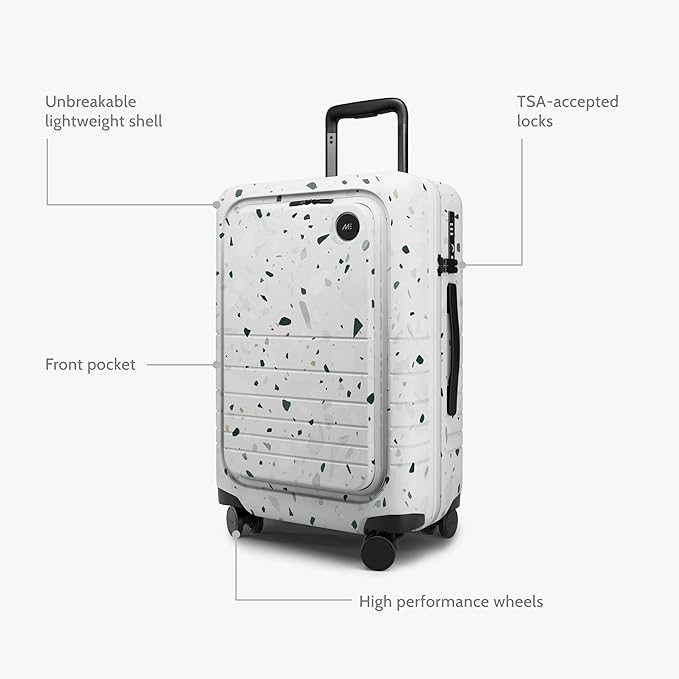 Monos Carry-On Pro Plus Luggage (23"), Hardside Spinner Suitcase with TSA Lock & Front Pocket, Airline Approved, Terrazzo, White