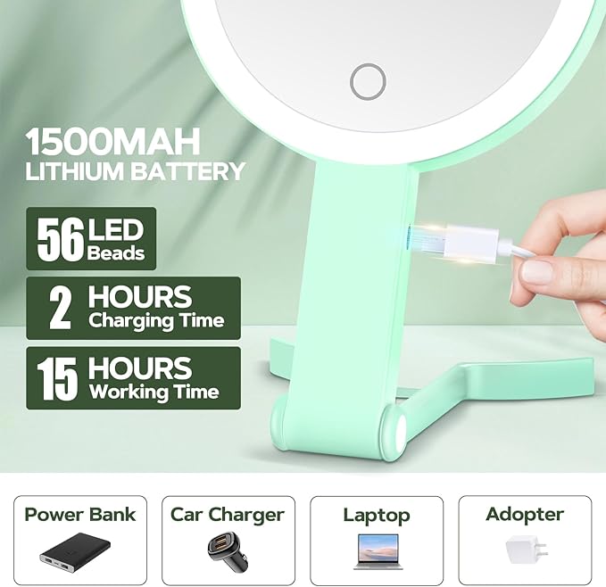 MIYADIVA Lighted Makeup Mirror, 30X Magnifying Mirror with Light, Hanging and Handheld Mirror with Handle, Green