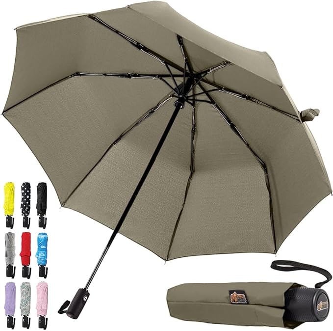 GORILLA GRIP Strong Windproof Stick Compact Umbrella for Rain, One-Click Automatic Open and Close, Durable Quick Dry Waterproof Material, Lightweight and Portable, Travel Size Fits Backpack, Beige