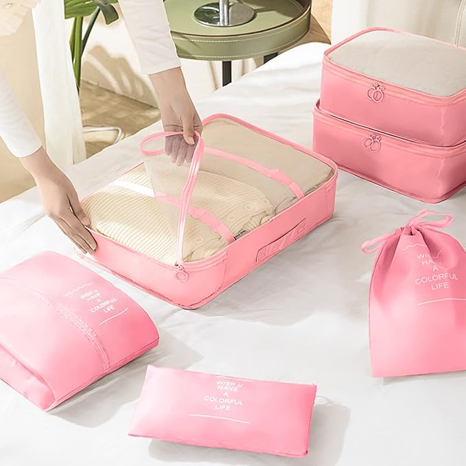 KPX 8 Set Packing Cubes for Travel, Luggage Packing Organizers Accessories Large Toiletries Bag for Clothes Shoes Cosmetics (Pink)